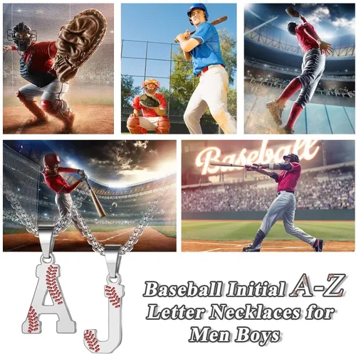 Vista 7 de STORUP Collares de béisbol para niños y hombres, de acero inoxidable en capas plateadas, doradas, negras, iniciales, collares de béisbol para niños