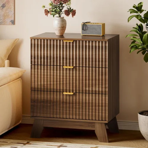 Vista 50 de BORNOON Cómoda acanalada de 3 cajones, 30.3 pulgadas de alto, cómoda bohemia compacta y moderna, armario de almacenamiento de madera