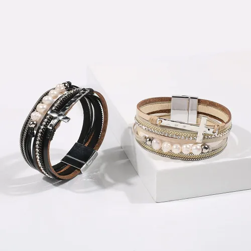 Vista 4 de Vercret - Pulsera de cuero para mujer, pulsera para niña de varias capas, ideal como regalo para mujer, hermana mayor, mamá, etc.