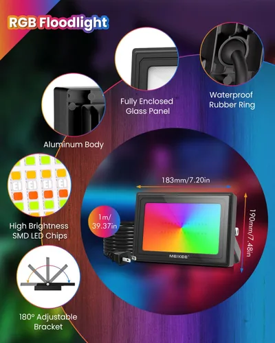 Vista 6 de MEIKEE 60W 6000LM luces de inundación RGBW, focos LED de cambio de color RGB equivalentes a 600W, luz blanca de 6500K para iluminación exterior