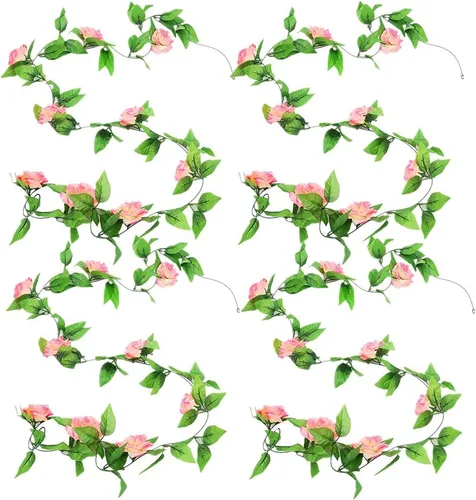 Vista 8 de Zhiheng Paquete de 4 vides de rosas artificiales de 7.8 pies con hojas verdes, flores falsas, plantas colgantes de jardín, guirnalda de vid