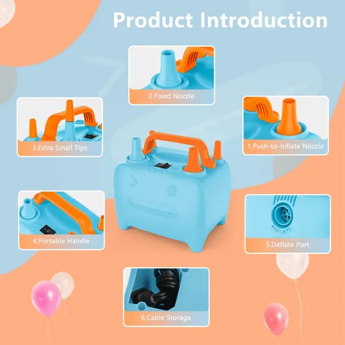 Vista 2 de OWill Balloon Pump Electric, Balloon Inflator Electric Air Pump, Portable Dual Nozzle Balloons Air Pump Electric 600W Blow Machine for Party