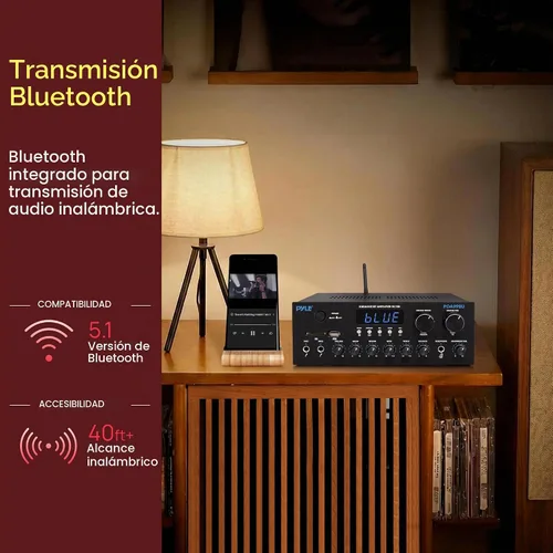 Vista 2 de Pyle Amplificador de Transmisión Inalámbrica Bluetooth, Receptor de Audio para Hogar Multicanal de 200W con Entrada/Salida de Alta Definición
