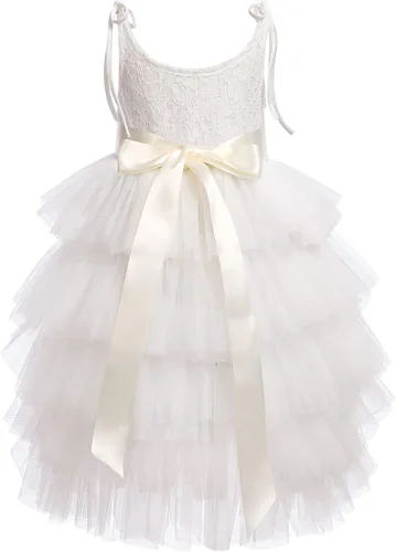 Vista 3 de Vestido de encaje bohemio para niñas de flores, vestido de boda, cumpleaños, con volantes, encaje de verano, tul, vestidos de fiesta, vestidos