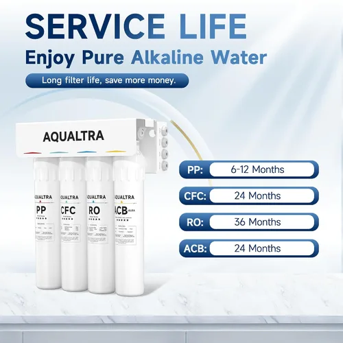 Vista 7 de AQUALTRA USF-4RF-100 100 GPD Sistema alcalino de ósmosis inversa 3: 1 puro para drenar debajo del fregadero Sistema de filtración de agua con grifo