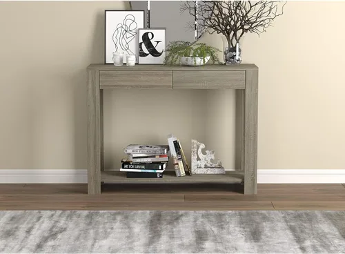 Vista 4 de Safdie & Co. - Mesa consola de color gris pardo oscuro con estante, mesa de pasillo rectangular con cajones, uso como mesa de entrada, escritorio