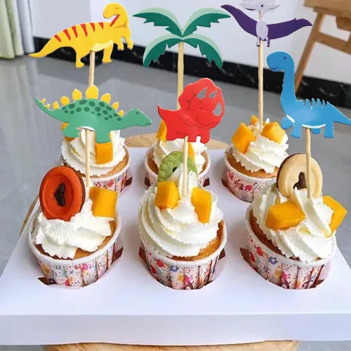 Vista 3 de Decoración para cupcakes de dinosaurio, 24 piezas de adornos para cupcakes de dinosaurio, decoración de pastel de dinosaurio