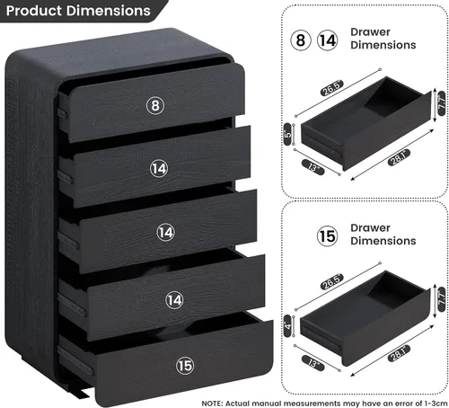 Vista 3 de Standifurno Cómoda de 29.5'' de Ancho para Clóset, Cajones Negros con Diseño Curvo, Cajonera con 5 Cajones, Cajón Vertical con Amplio