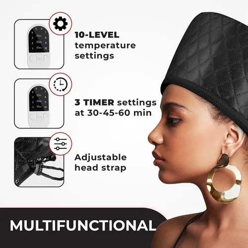 Vista 4 de Vaporizador de cabello para cabello natural para uso doméstico con 10 niveles de calor que se calienta rápidamente, gorro térmico para Negro
