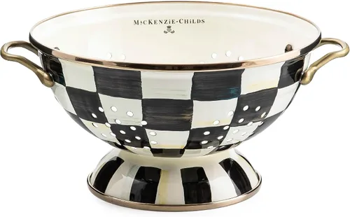 Vista 19 de MACKENZIE-CHILDS Colador de esmalte, colador decorativo de cocina, pequeño, a cuadros cortesanos en blanco y negro