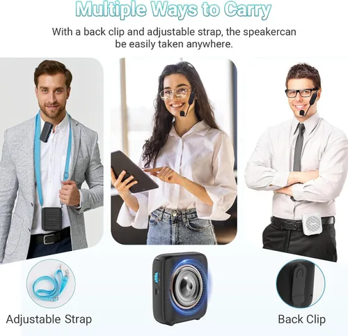 Vista 4 de Amplificador de voz inalámbrico AI con 2 micrófonos inalámbricos (1 micrófono Lavalier y 1 auricular de micrófono), sistema Bluetooth 5.3 PA