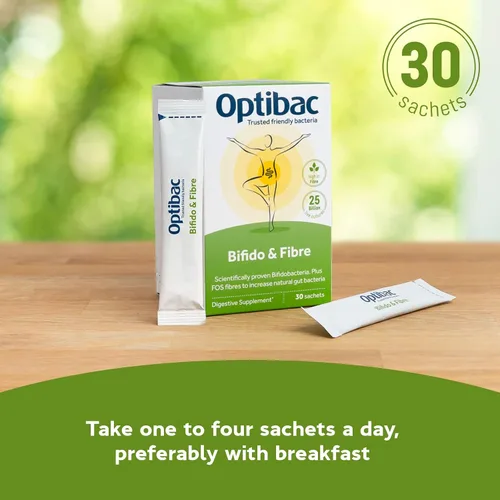 Vista 5 de Optibac Probióticos en polvo con bifidobacterias y fibra, 30 sobres 25 mil millones de UFC + 0.14 oz de fibra FOS Mezcla vegana de probióticos