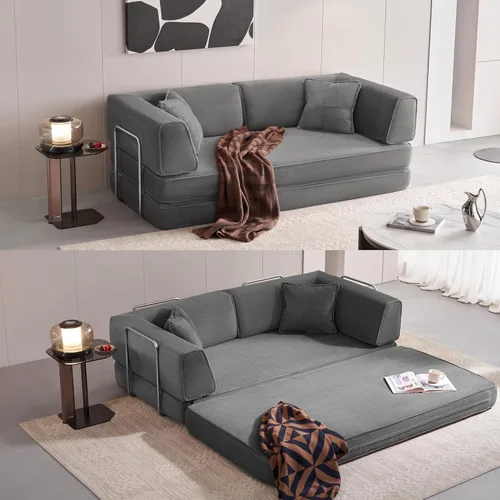Vista 9 de LINSY Home Sofá cama convertible de 79 pulgadas, sofás de pana 4 en 1 sin hueso para sala de estar, futón plegable tamaño Queen, colchón de suelo