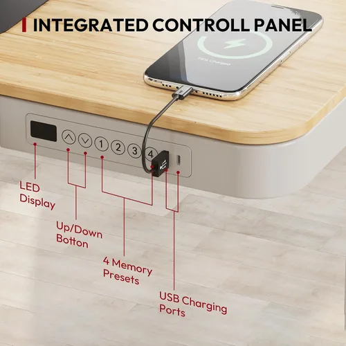 Vista 5 de SANODESK Escritorio eléctrico de una pieza ajustable en altura con cajón Textura de bambú de 48