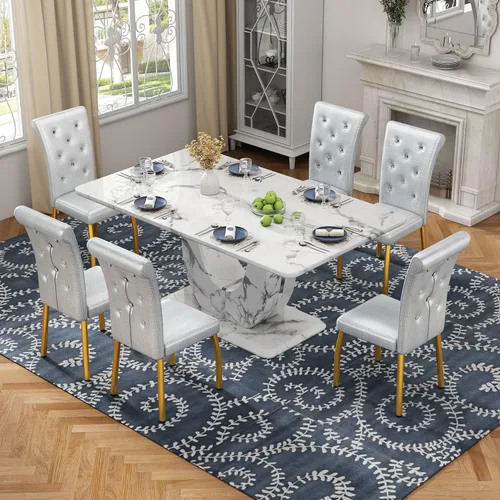 Vista 20 de Moderno juego de mesa de comedor de mármol sintético para 4, mesa de cocina rectangular blanca de 63 pulgadas con elegante base de pedestal