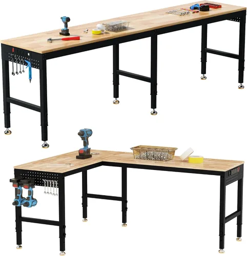 Vista 23 de Betterhood Banco de trabajo de altura ajustable, estación de trabajo resistente con parte superior de madera de goma de 48 pulgadas con tomas