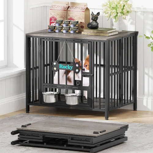 Vista 13 de Easycom 104 cm mueble de jaula para perros plegable, sin ensamblaje perrera decorativa para interior, jaulas para perros grandes (15.9-27.2 kg)