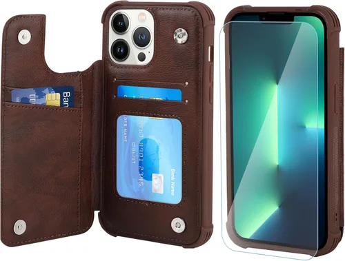 Vista 19 de VANAVAGY Funda tipo cartera compatible con iPhone 13 Mini para mujeres y hombres, funda de piel sintética con tapa para teléfono compatible con Negro
