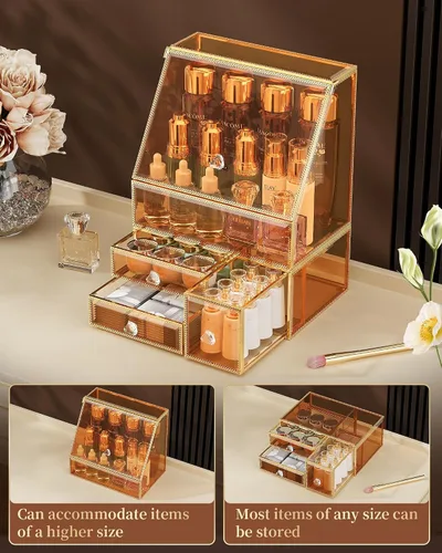 Vista 5 de CoralHouse Organizador de maquillaje, organizador de maquillaje ámbar con cajón, soporte para el cuidado de la piel para encimera de baño, vitrina