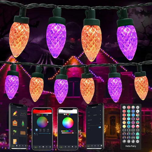 Vista 9 de iBaycon Luces de Navidad RGB C9, 65 pies, 100 luces LED que cambian de color, control remoto conectable, impermeable, al aire libre, cadena de luces