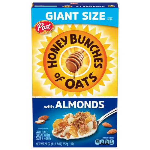 Vista 15 de Cereal Honey Bunches of Oats Honey Roasted. Racimos de avena y granola, taza de cereales individual, desayuno sobre la marcha