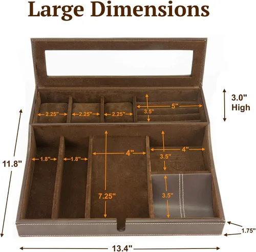 Vista 6 de Houndsbay Navigator - Bandeja organizadora grande para hombre con caja de relojes, organizador de joyas y estación de carga para móvil, Café Oscuro