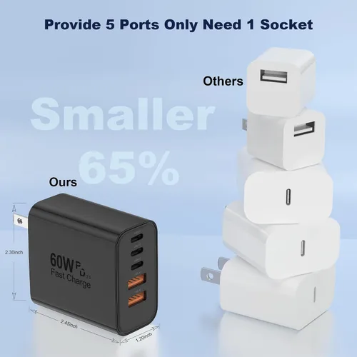 Vista 5 de Bloque de cargador USB C, bloques de carga 5 en 1 de 60 W, cargador rápido PD 3.0, enchufe de pared negro QC 2A, bloque de carga multipuerto tipo C