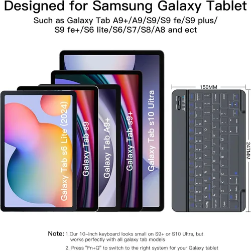 Vista 3 de Teclado Bluetooth inalámbrico para Samsung Galaxy A11+A9+ S10 FE S9 S6 Lite Portátil ultradelgado, recargable tipo C, compatible con Tab S9+ S9