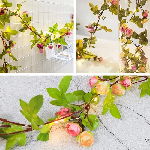 Vista 5 de Guirnalda de luces de rosas de 9.84 pies, funciona con pilas, luces de hadas de rosas artificiales, hojas de flores, vid, para interiores