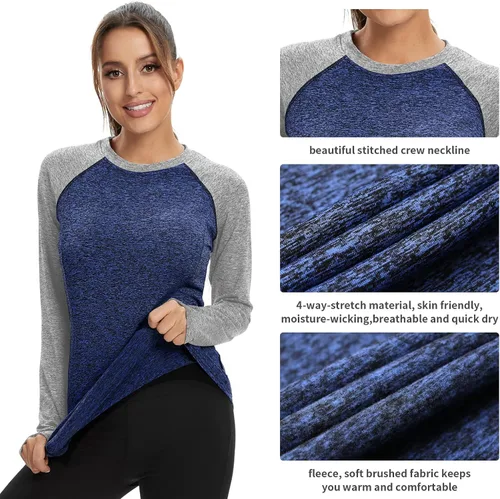 Vista 2 de Soneven Camiseta térmica de manga larga de forro polar para mujer, camiseta de entrenamiento que absorbe la humedad, con agujeros para el pulgar