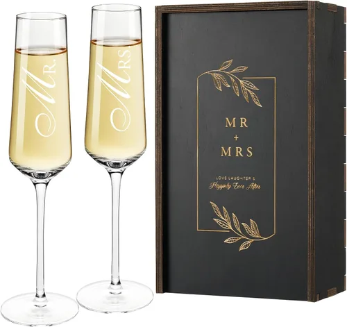 Vista 11 de AW BRIDAL - Juego de 2 copas de champán de aniversario con caja de madera Aniversario (marrón)