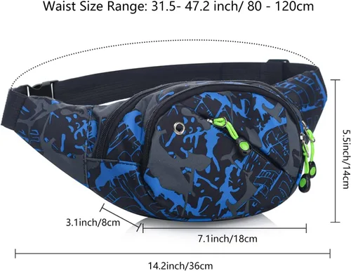 Vista 2 de Riñonera para hombres y mujeres, multifunción, resistente al agua, cinturón ajustable, para caminar y correr, Azul Patchwork, Clásico