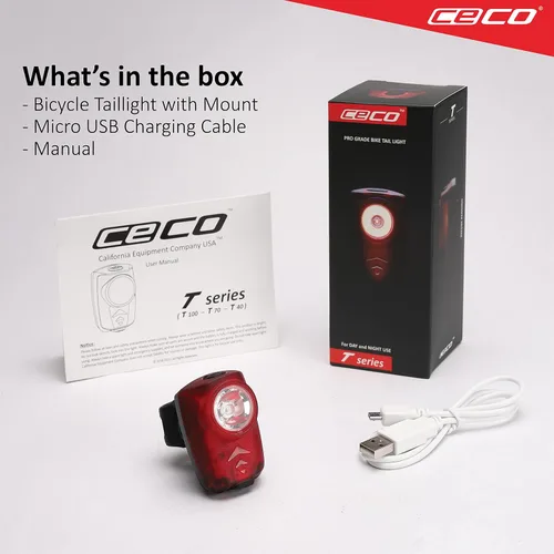 Vista 6 de CECO Luz trasera de bicicleta recargable USB súper brillante de 100 lúmenes, IP67 impermeable, FL-1 resistente a los impactos, calidad de grado