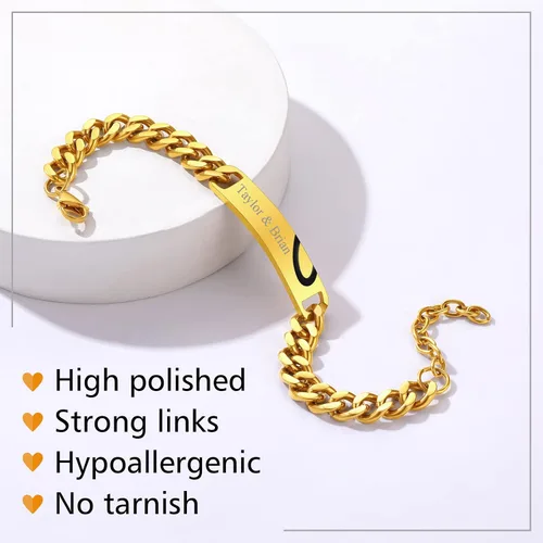 Vista 3 de FindChic Pulseras de identificación con barra de nombre personalizadas para hombres y mujeres, chapados en oro de 18 quilates, acero inoxidable