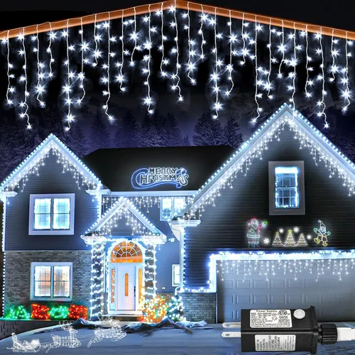 Vista 12 de Luces de carámbano, luces de Navidad de 33 pies con 400 LED, 75 caídas, 8 modos, enchufable e impermeable, para festividades, boda, fiesta, hogar