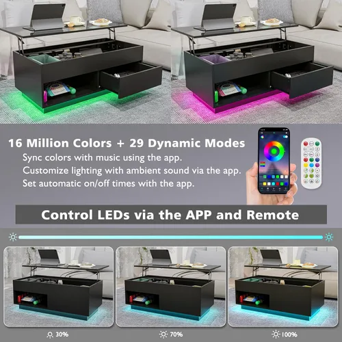 Vista 6 de HOMMPA - Mesa de café con tapa elevable de 40" con almacenamiento, mesa de centro LED moderna de alto brillo para sala de estar, mesa de té moderna