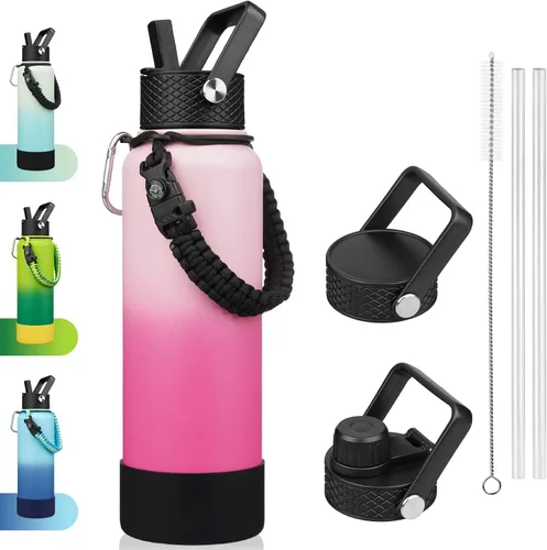 Vista 12 de BJPKPK - Botella de agua con tapa de popote, botellas de agua aisladas de 18 onzas con 3 tapas, asa de cuerda de paracaídas y base antideslizante