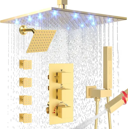 Vista 13 de Enga Juego de grifo de ducha termostático, cabezal de ducha LED de 12 pulgadas con cabezal de ducha doble de 6 pulgadas, juego de grifo de ducha