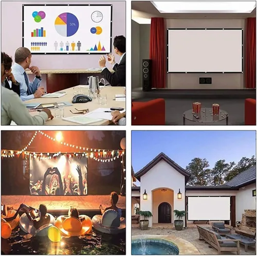 Vista 2 de Pissente Pantalla de proyector portátil, cortina de proyección HD plegable 16:9 con agujeros de perforación para cine en casa, películas al aire