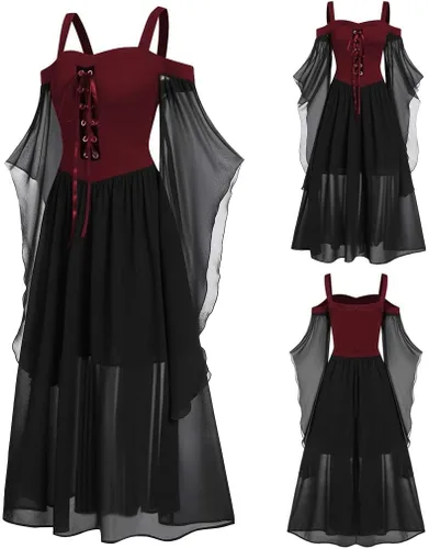 Vista 2 de SHOPESSA Disfraz medieval para mujer, con corsé, ropa gótica, hombros descubiertos, vestido de corsé steampunk, manga mariposa, vestido largo, marino