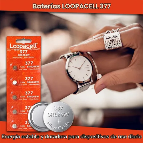Vista 2 de LOOPACELL 377/376 / SR626W / SR626SW / Baterías de reloj de óxido de plata (paquete de 5) – Batería de celda de moneda de larga duración de 1.55 V