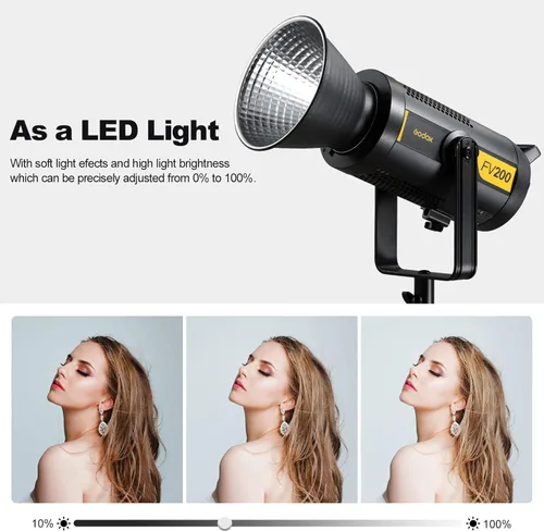 Vista 3 de Godox FV200 200W 2.4G Flash LED Light, CRI96+, TCLI 96+, 18000LUX, 5600K ± 200K, sincronización de alta velocidad 1/8000s, 8 modos de efectos