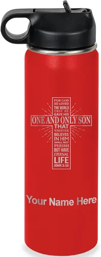Vista 32 de LaserGram Botella de agua personalizada, versículo bíblico John 3-16, acero inoxidable de doble pared aislada al vacío con popote superior, regalo