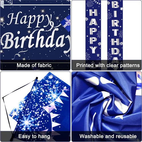 Vista 5 de Decoraciones de cumpleaños azules y plateadas, decoraciones de fiesta de cumpleaños para hombres, niños, mujeres y niñas, con pancarta de feliz