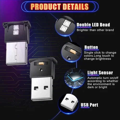 Vista 3 de Frienda 2 piezas de mini luz LED USB, iluminación interior LED para automóvil, 5 V, luz de ambiente USB inteligente, teclado para computadora