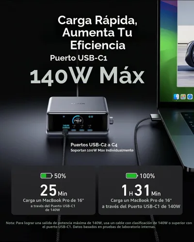 Vista 4 de Estación de carga Anker Prime, cargador USB C GaN de 6 puertos de 250 W