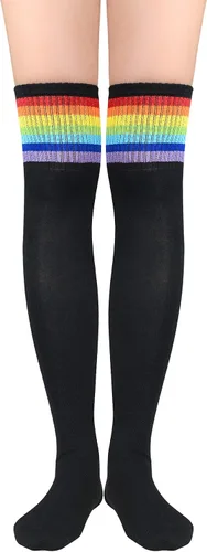 Vista 2 de Zando Calcetines de tubo fino a rayas para mujer, medias altas hasta el muslo por encima de la rodilla, calcetines casuales hasta la rodilla, medias