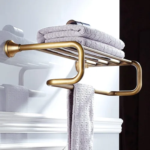 Vista 2 de Toallero de doble capa con toallero, toallero de latón antiguo montado en la pared, estante organizador de almacenamiento de baño europeo moderno