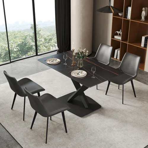 Vista 17 de Mesa de comedor moderna, mesa de comedor de piedra sinterizada blanca antigua con base de acero al carbono sólido en forma de X, mesa de comedor