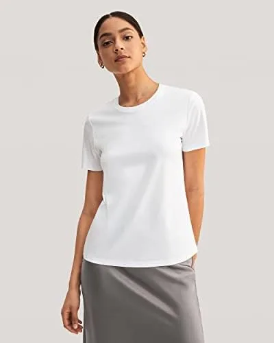 Vista 4 de LilySilk Camiseta básica de mezcla de algodón de seda para mujer, manga corta, cuello redondo, suave, simple, para verano